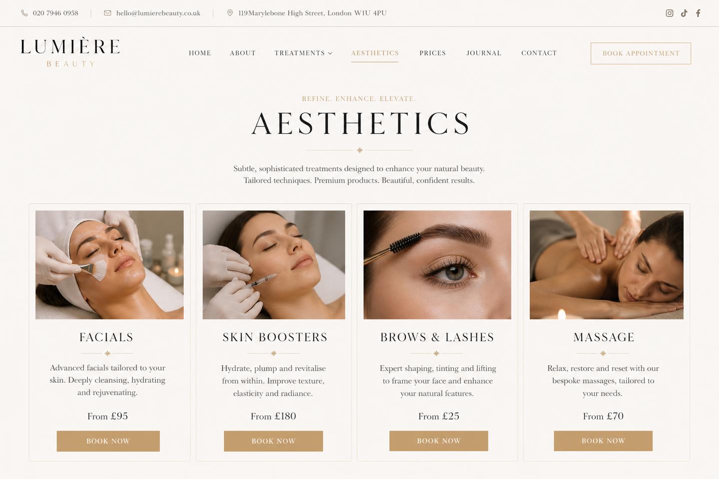 Aesthetics page with treatment cards