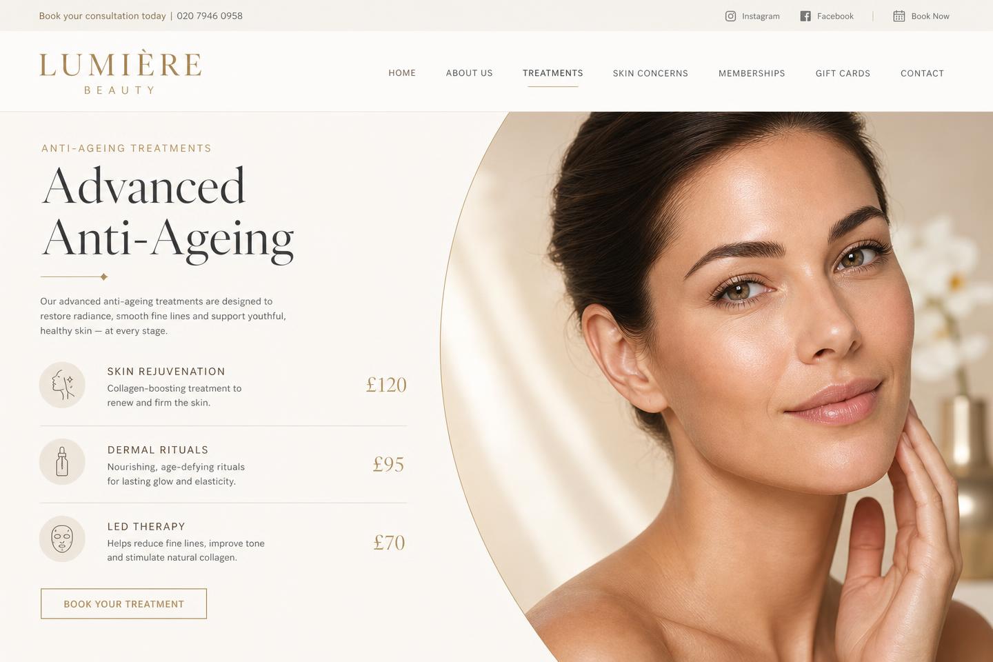 Advanced Anti-Ageing treatments page with pricing