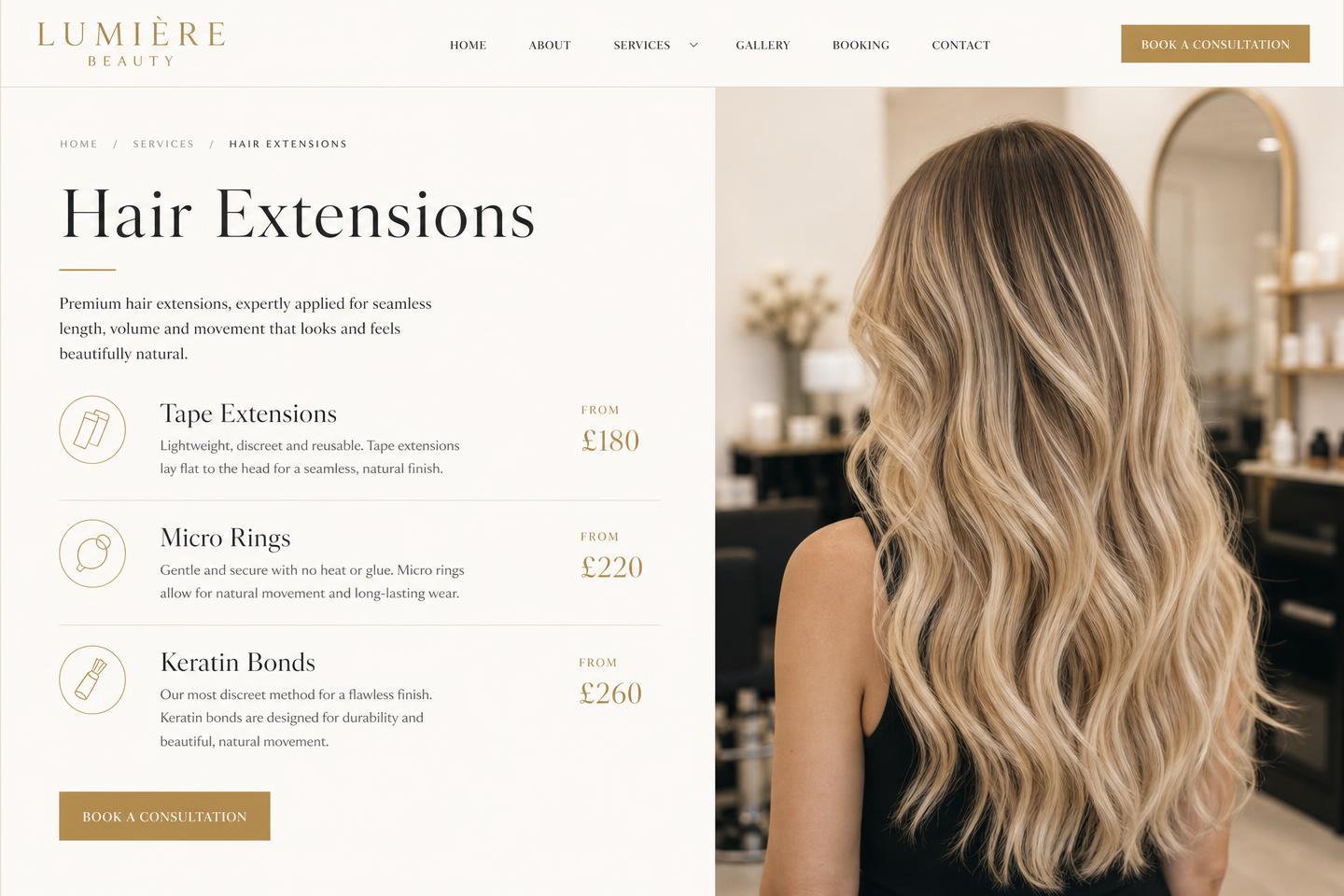 Hair Extensions page with methods and pricing