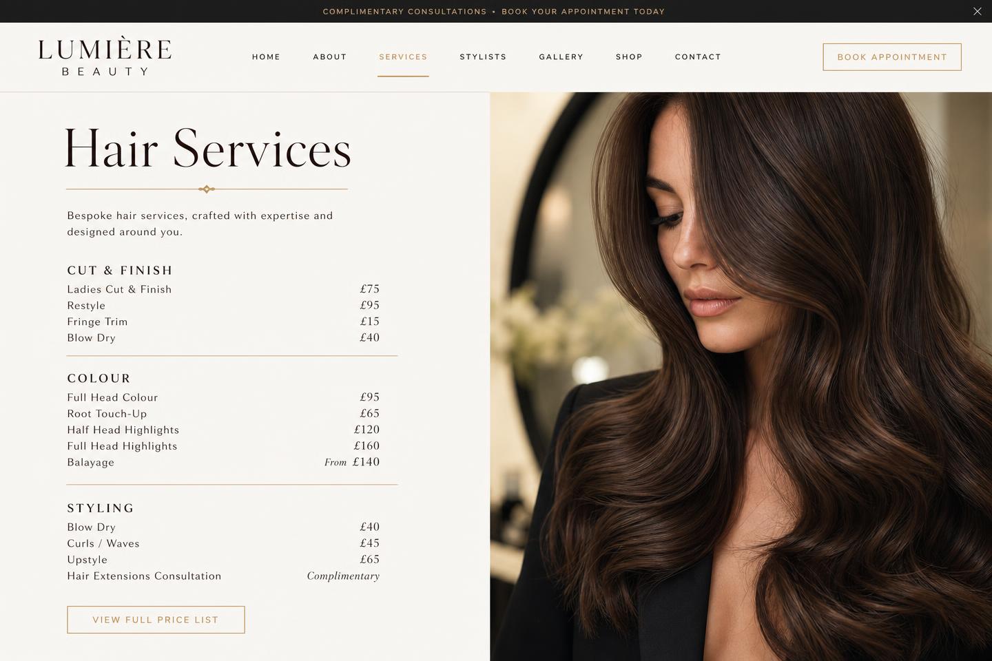 Hair Services page with treatment menu and prices