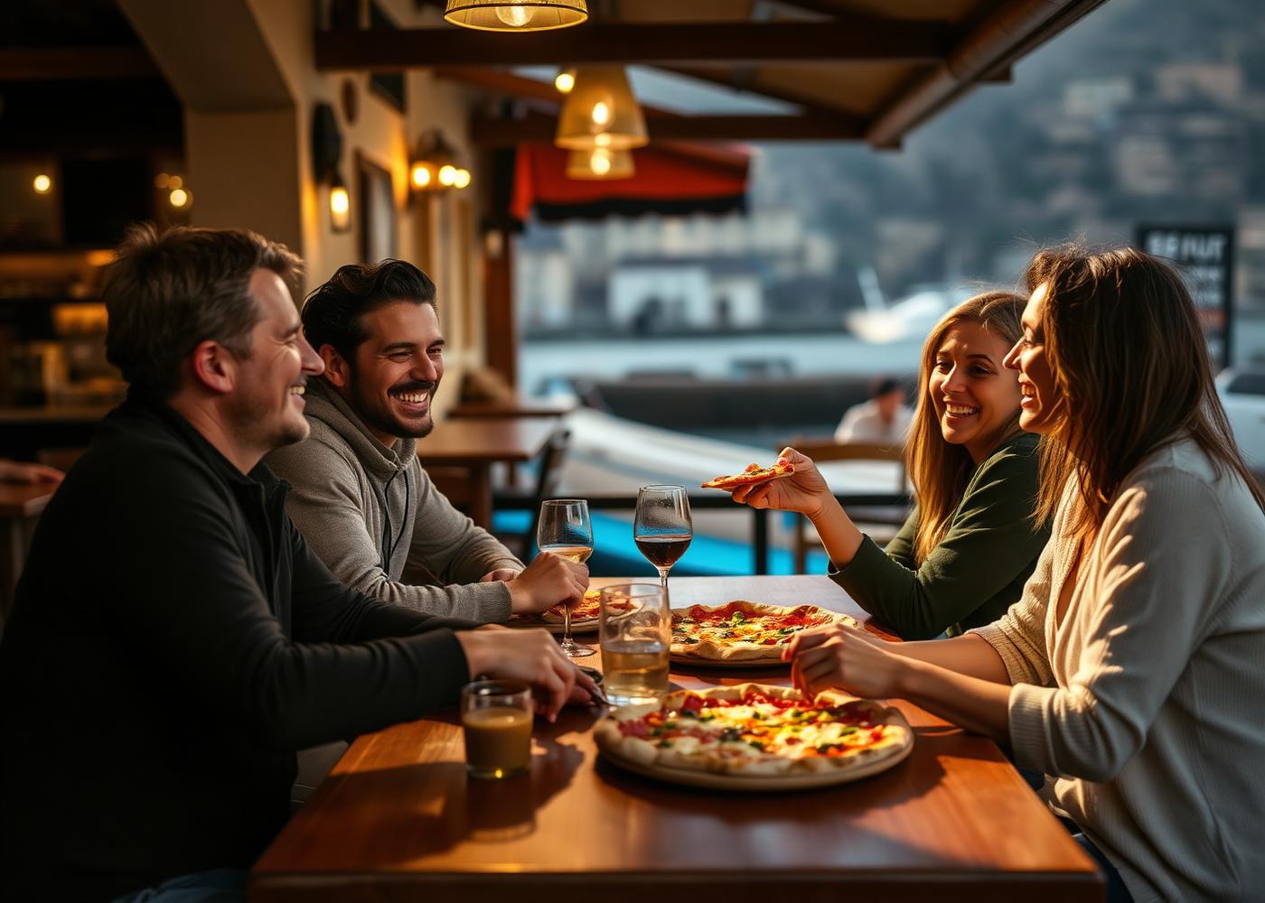 Friends sharing pizza at a waterfront table