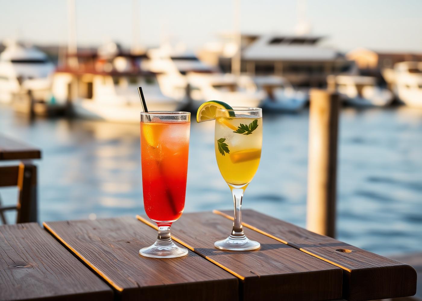 Drinks on a wooden table by the water