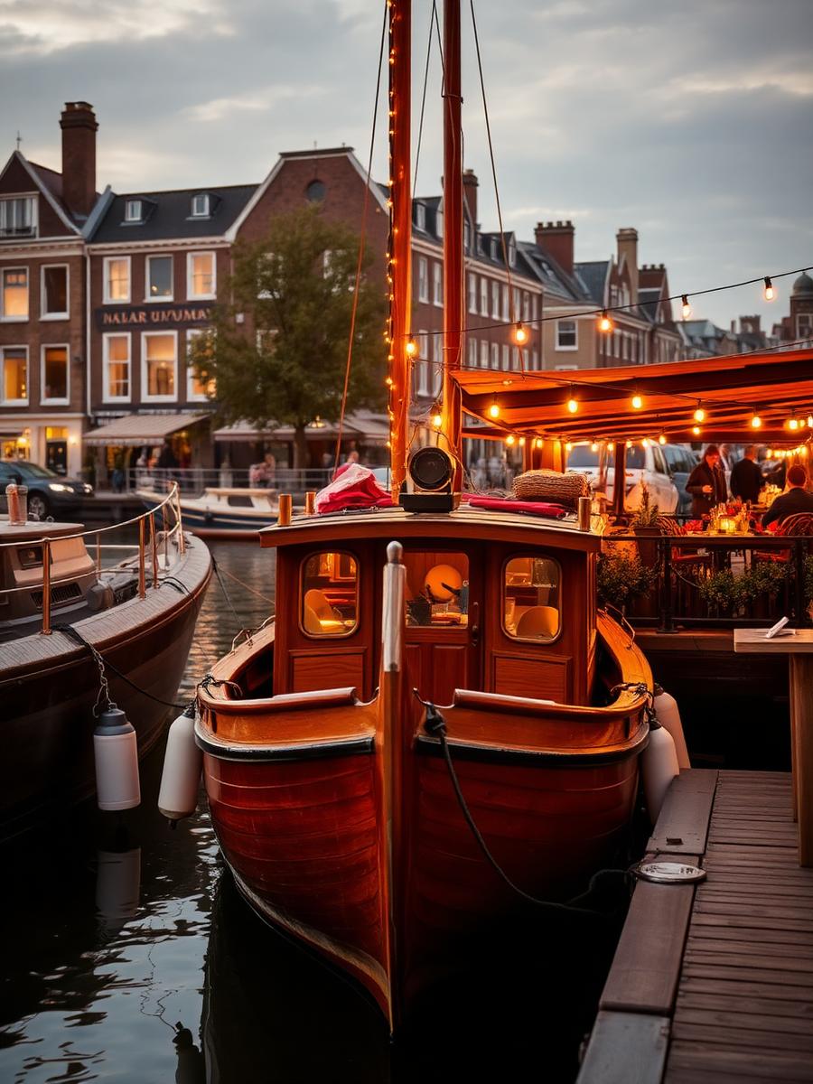 Wooden boat moored beside the pizzeria terrace