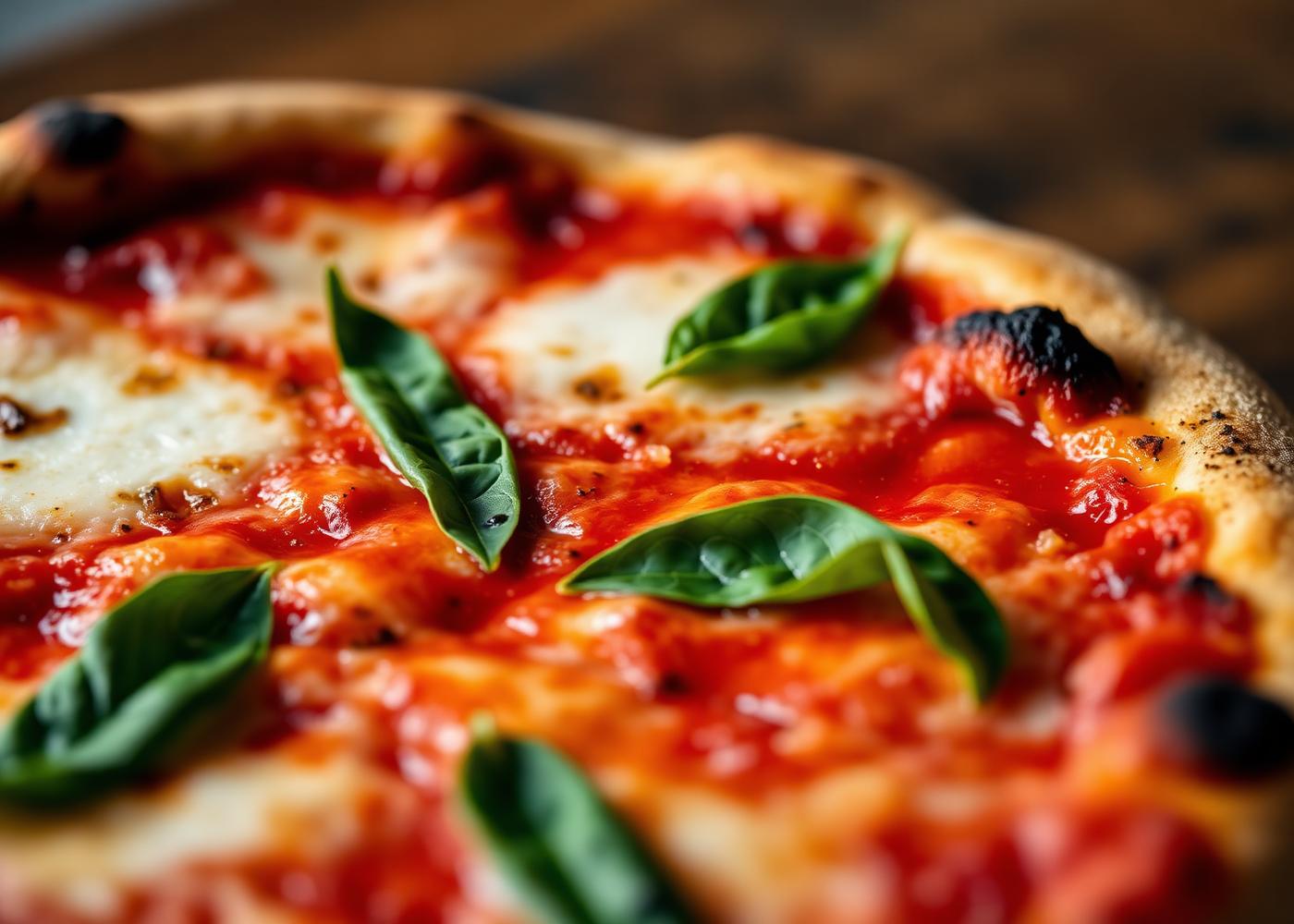 Close-up of a margherita pizza with fresh basil